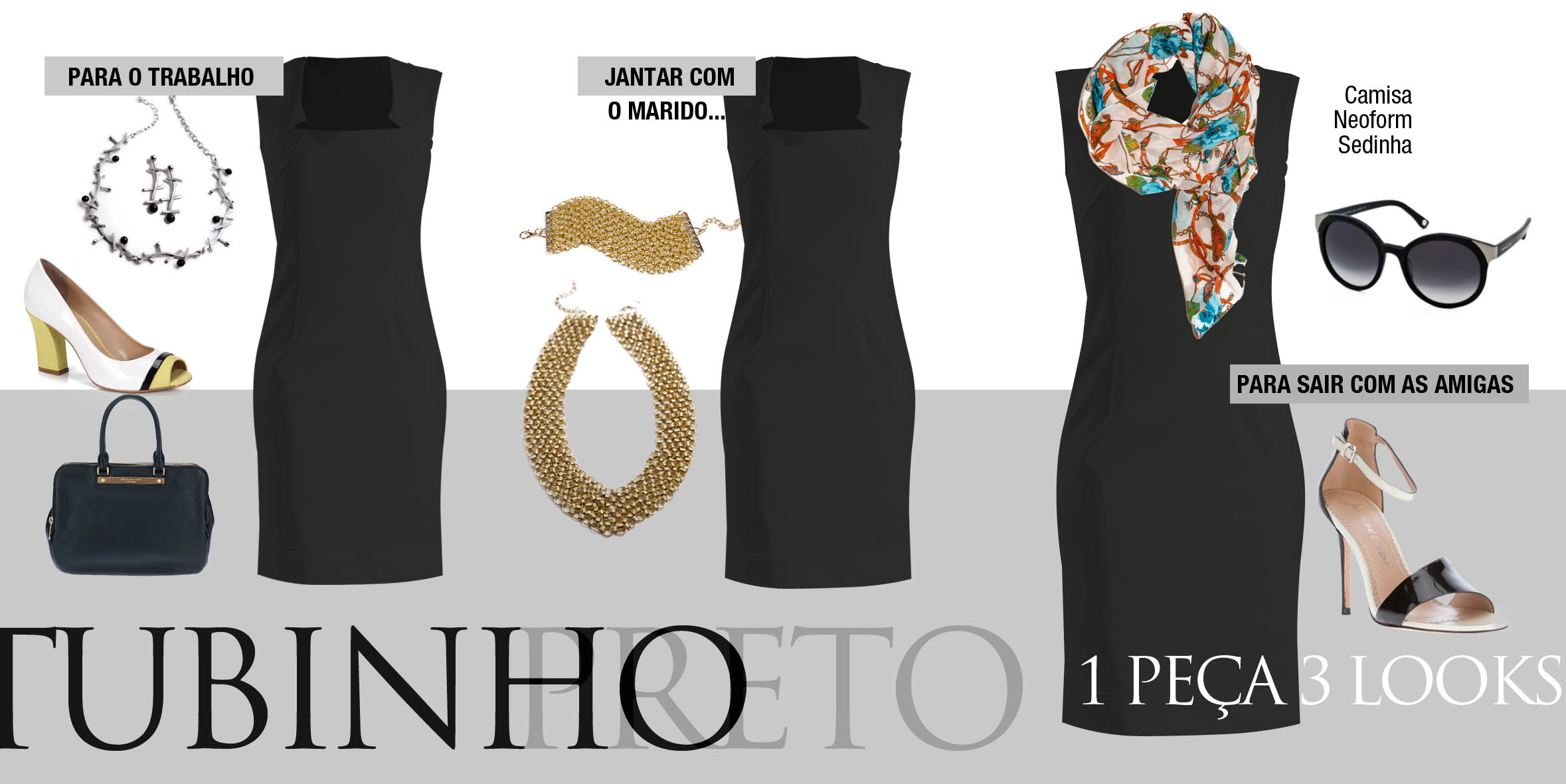 vestido preto vs vestido estampado qual acessório usar