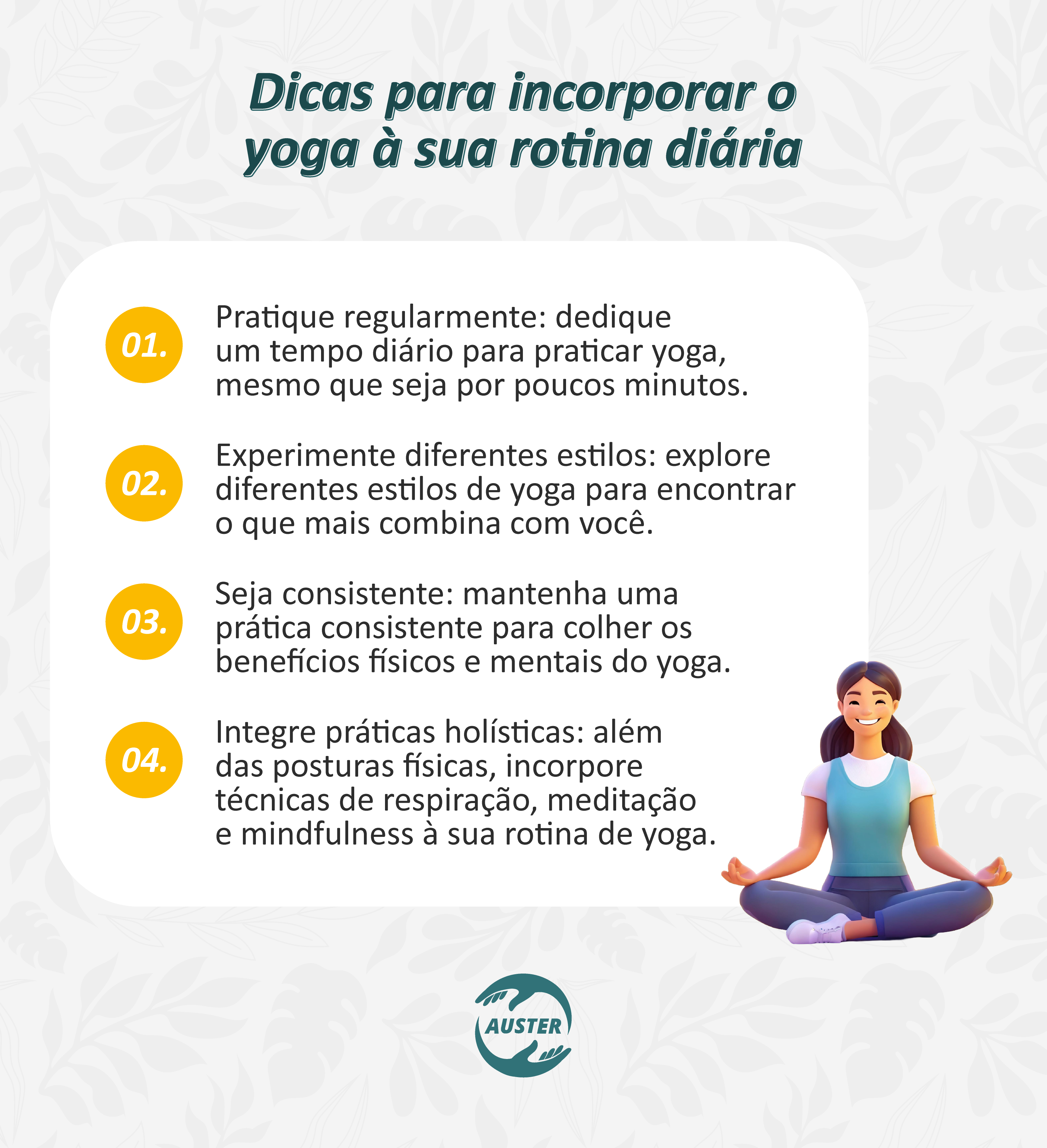 5 ideias de títulos:
1. Yoga para Iniciantes: Guia Completo para Começar sua Jornada
2. Transforme seu Corpo e Mente: Os Incríveis Benefícios do Yoga
3. Hatha Yoga: A Porta de Entrada para o Mundo do Yoga
4. Yoga e Saúde Mental: Como a Prática Reduz Estresse e Ansiedade
5. Descubra a Frequência Ideal para Praticar Yoga e Maximizar Resultados