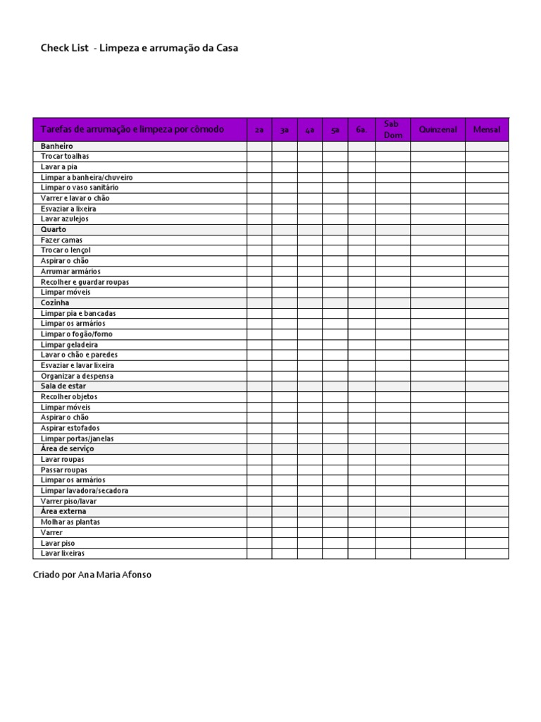 como fazer check-list de limpeza da casa
