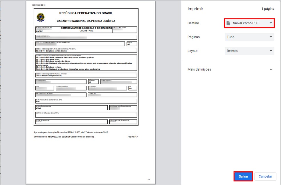 como imprimir o cartão cnpj mei