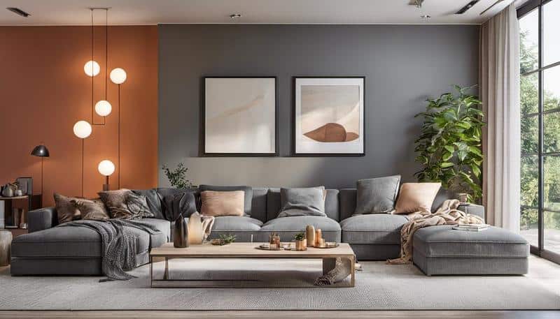 sala com parede cinza e cimento queimado