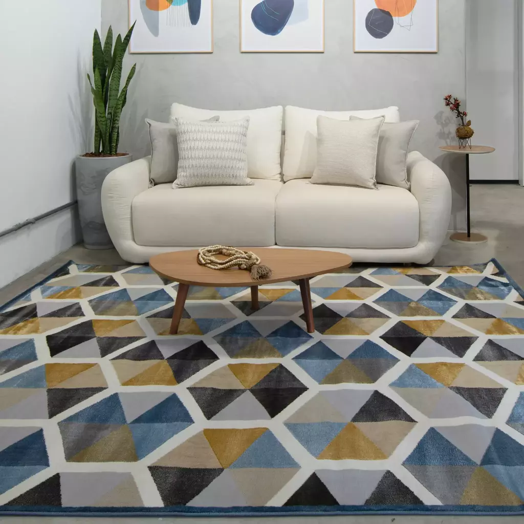 decoração de sala com tapete geometrico