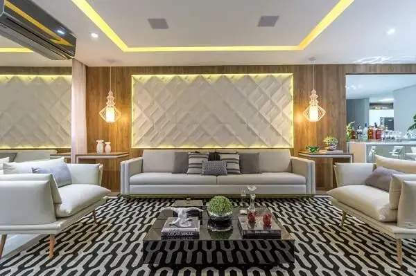 decoração de sala com tapete geometrico
