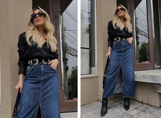 looks com saia jeans longa