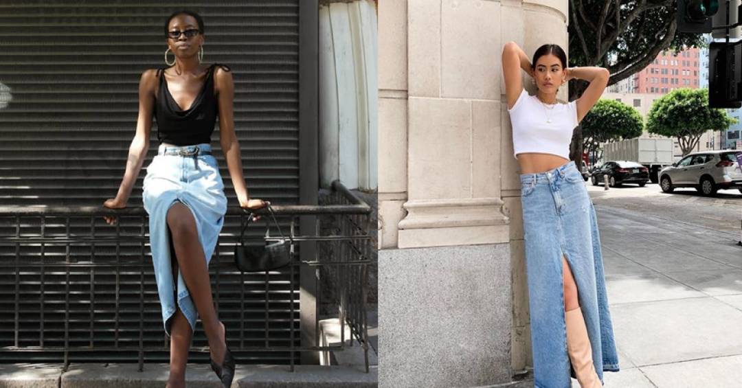 looks com saia jeans longa