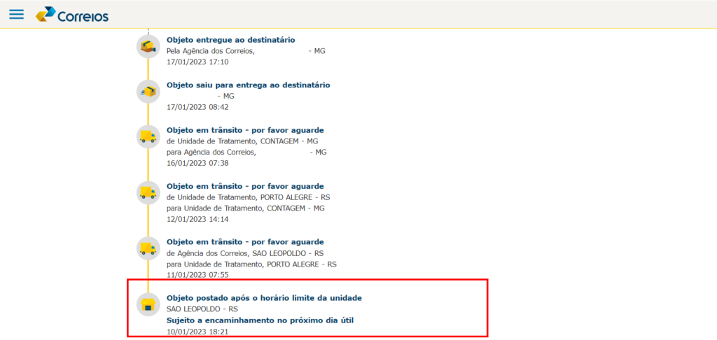 Objeto postado após o horário limite